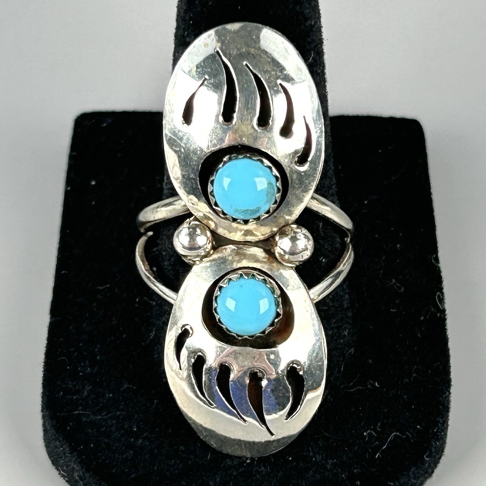 Jack Tom Navajo Sterling Silver Size 10 Turquoise Double Bear Paw Ring 6.4g